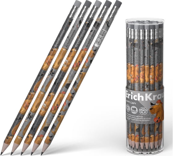 Изображение товара Чернографитный карандаш пластиковый ErichKrause Happy Capy, круглый, с ластиком, HB (в тубусе по 42 шт.) 61999