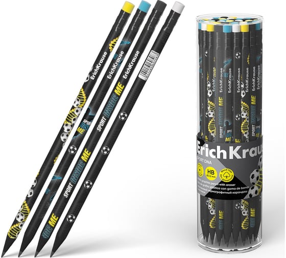Изображение товара Чернографитный карандаш пластиковый ErichKrause Sport DNA, круглый, с ластиком, HB (в тубусе по 42 шт.) 60708