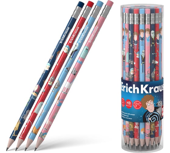 Изображение товара Чернографитный карандаш ErichKrause Приключения Пети и Волка, круглый, с ластиком, HB (в тубусе по 42 шт.) 60710