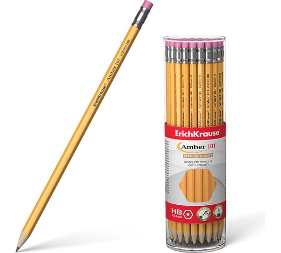 Изображение товара Чернографитный карандаш ErichKrause Amber, шестигранный, с ластиком, HB (в тубусе по 42 шт.) 45602