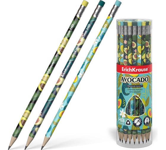 Изображение товара Чернографитный карандаш ErichKrause Avocado, трехгранный, с ластиком, HB (в тубусе по 42 шт.) 56008