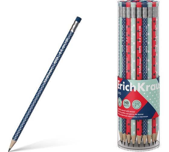 Изображение товара Чернографитный карандаш ErichKrause Dots, трехгранный, с ластиком, HB (в тубусе по 42 шт.) 56009