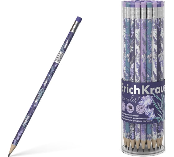 Изображение товара Чернографитный карандаш ErichKrause Lavender, трехгранный, с ластиком, HB (в тубусе по 42 шт.) 56956