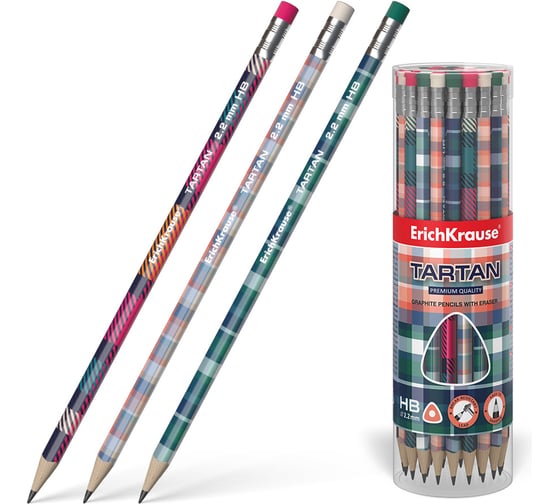 Изображение товара Чернографитный карандаш ErichKrause Tartan, трехгранный, с ластиком, HB (в тубусе по 42 шт.) 56010