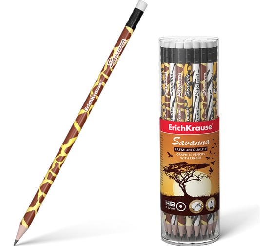 Изображение товара Чернографитный карандаш ErichKrause Savanna, круглый, с ластиком, HB (в тубусе по 42 шт.) 45620