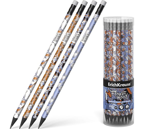 Изображение товара Чернографитный карандаш ErichKrause Tulips, трехгранный, с ластиком, HB (в тубусе по 42 шт.) 55265