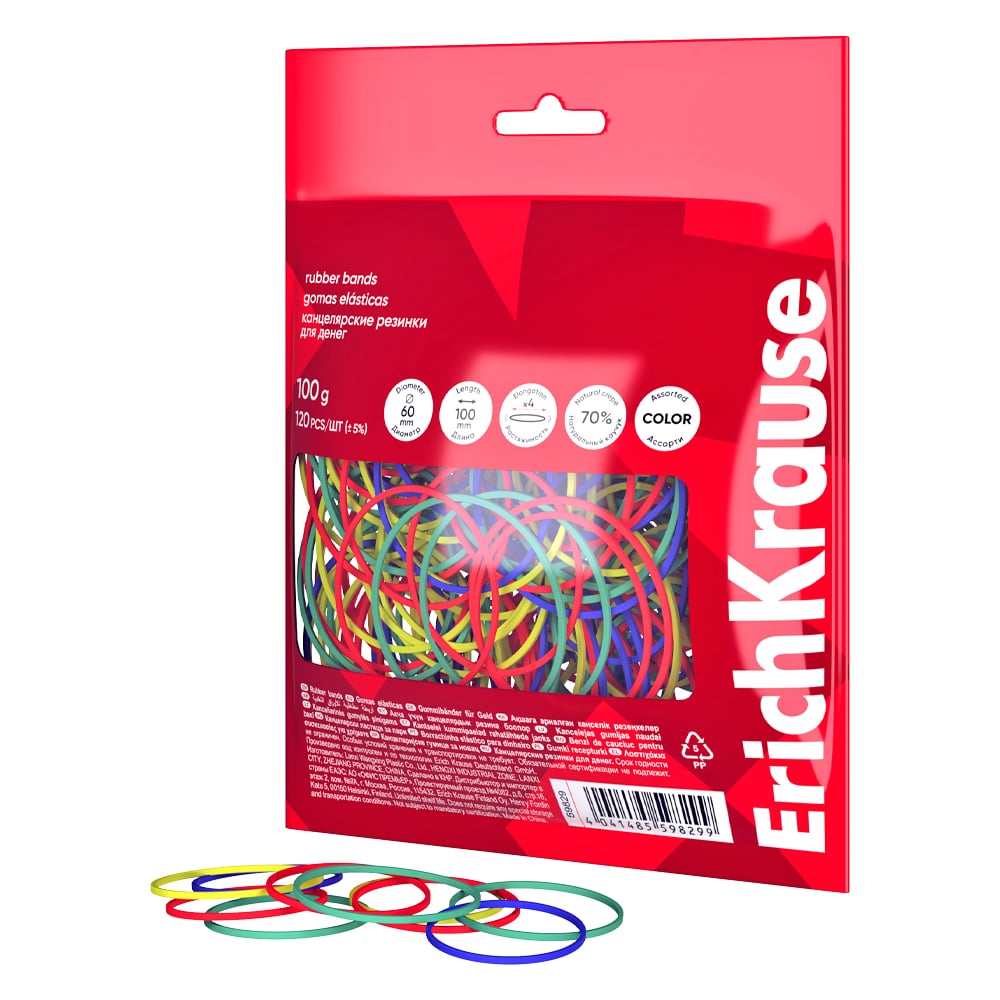 Изображение товара Канцелярские резинки для денег ErichKrause диаметр 60 мм длина 100 мм ассорти 100 г