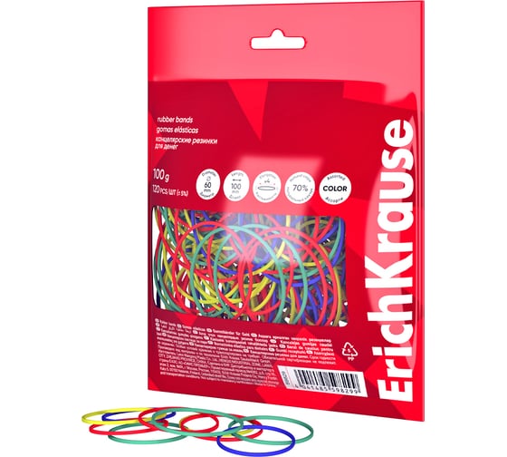 Изображение товара Канцелярские резинки для денег ErichKrause диаметр 60 мм, длина 100 мм, ассорти в пакете с европодвесом по 100 г 59829