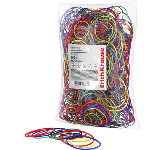 Изображение товара Канцелярские резинки для денег ErichKrause диаметр 40 мм, 60 мм, длина 60 мм, 100 мм, ассорти в пакете по 500 г 59818