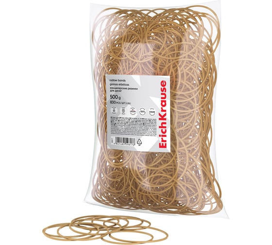 Изображение товара Канцелярские резинки для денег ErichKrause диаметр 60 мм, длина 100 мм, натуральный цвет в пакете по 500 г 59817