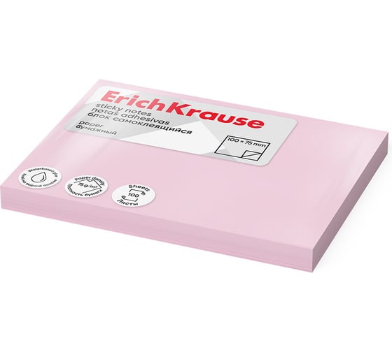 Изображение товара Блок самоклеящийся бумажный ErichKrause 100x75 мм, 100 листов, розовый 61715
