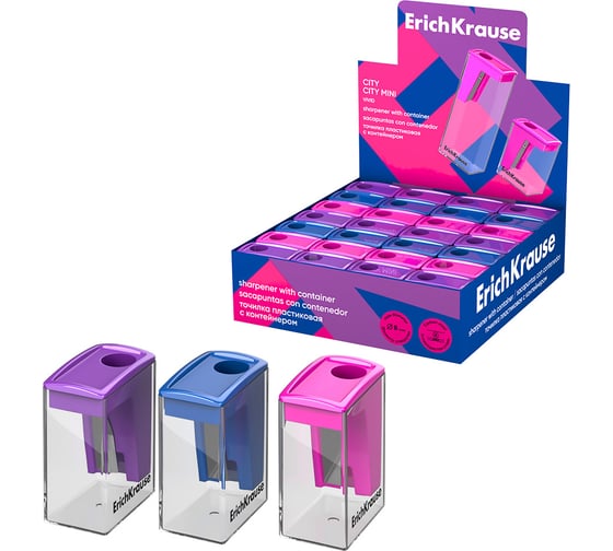 Изображение товара Точилка пластиковая ErichKrause City Mini, Vivid, с контейнером, ассорти в коробке-дисплее по 28 шт 60019