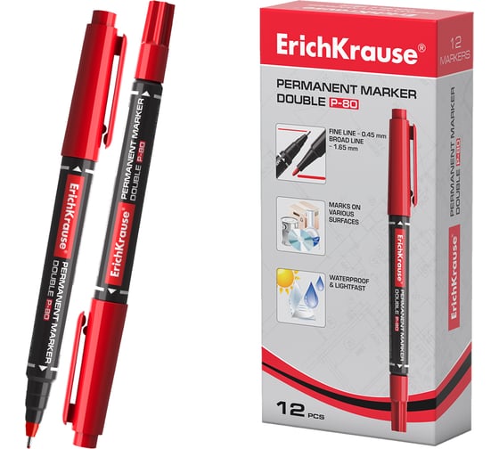 Изображение товара Двухсторонний перманентный маркер ErichKrause Double P-80, цвет чернил красный в коробке по 12 шт 48185