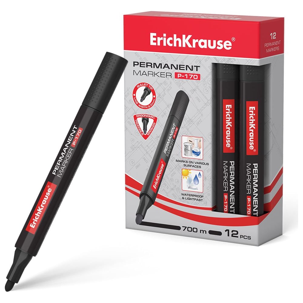 Изображение товара Перманентный маркер ErichKrause P-170 12 шт черный для керамики и пластика