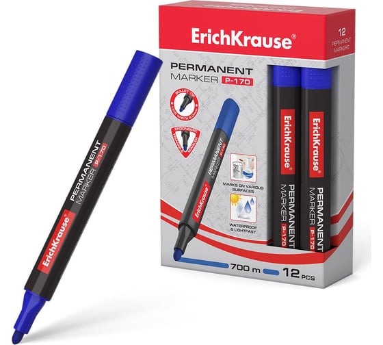 Изображение товара Перманентный маркер ErichKrause P-170 цвет чернил синий, в коробке по 12 шт. 7276