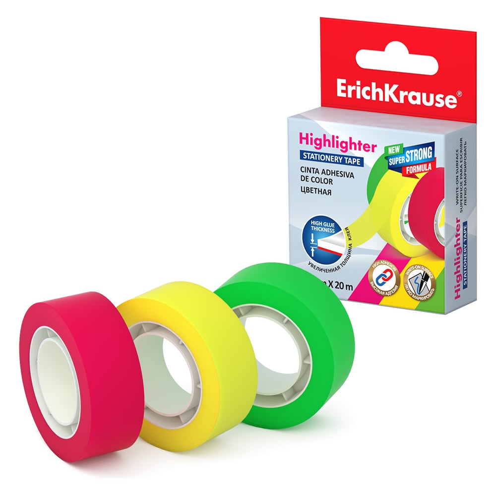 Изображение товара Клейкая лента ErichKrause Highlighter прозрачная цветная 18ммх20м ассорти