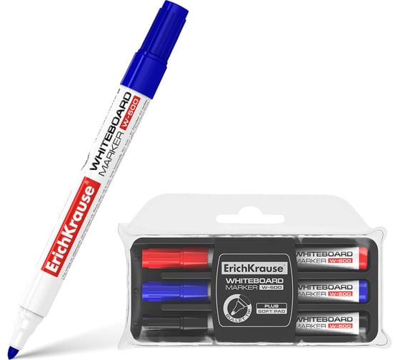 Изображение товара Набор из 3 маркеров ErichKrause для досок, с губкой W-500, цвет чернил: черный, синий, красный, в пенале 31006
