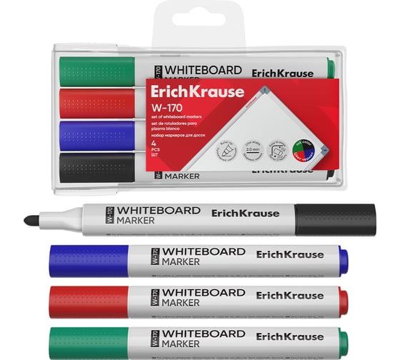 Изображение товара Набор из 4 маркеров для досок ErichKrause W-170, цвет чернил: черный, синий, красный, зеленый 13047