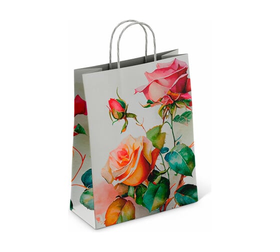 Изображение товара Крафт пакет бумажный ОФИСМАГ Розы 22х12х25 см, с кручеными ручками, плотность 100 гр/м2, белый, 114164 701000