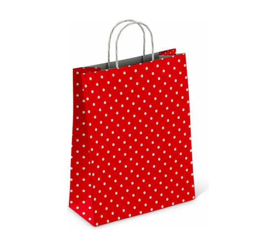 Изображение товара Крафт пакет бумажный ОФИСМАГ Горох на красном 22х12х25 см, с кручеными ручками, 100 гр/м2, белый 112979 700996