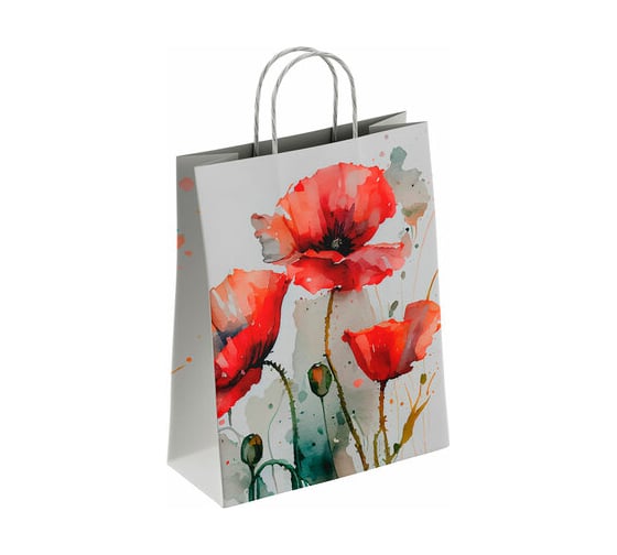 Изображение товара Крафт пакет бумажный ОФИСМАГ Маки 22х12х25 см, с кручеными ручками, плотность 100 гр/м2, белый 114171 700999