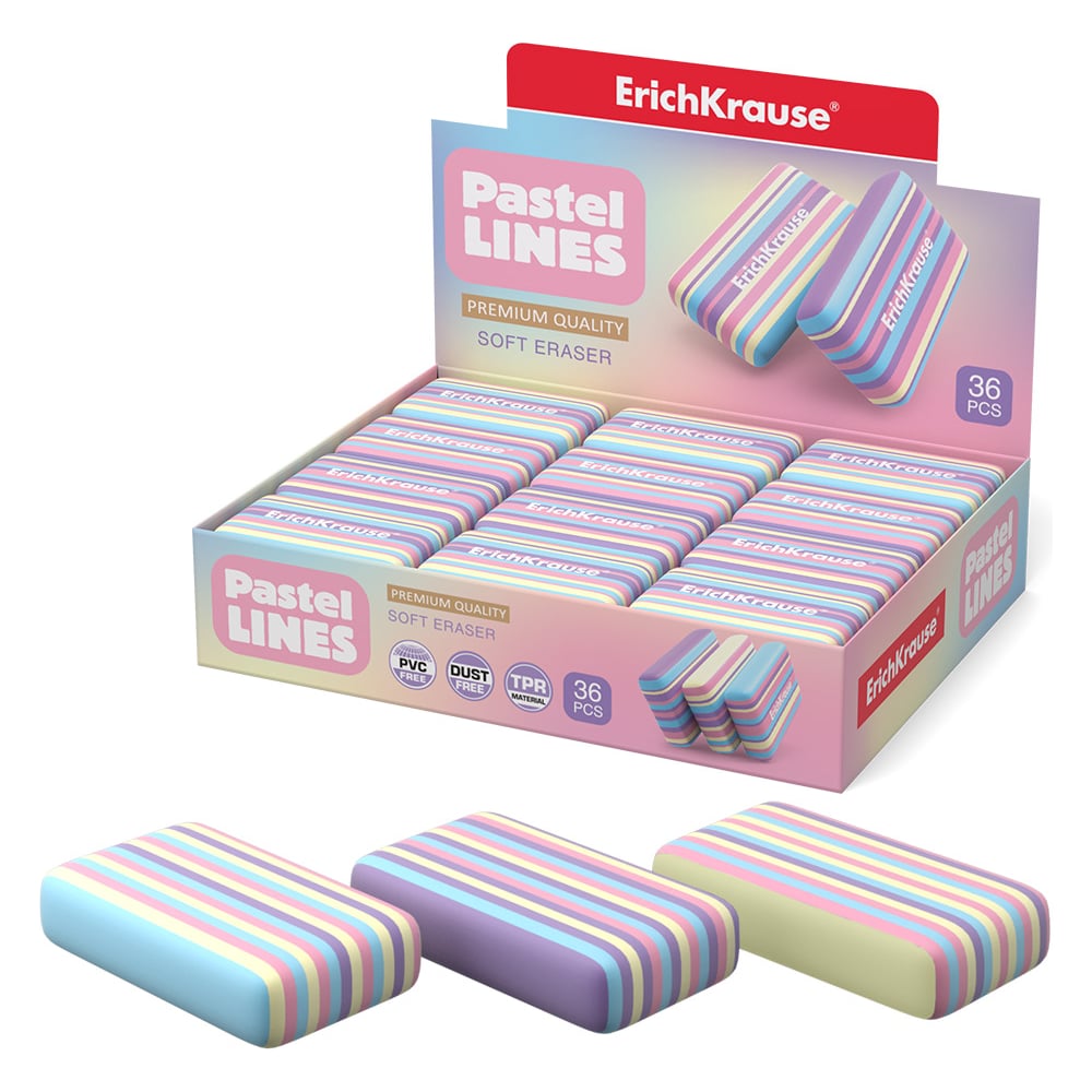 Изображение товара Ластик ErichKrause Pastel Lines на 36 шт в коробке для художников и школьников