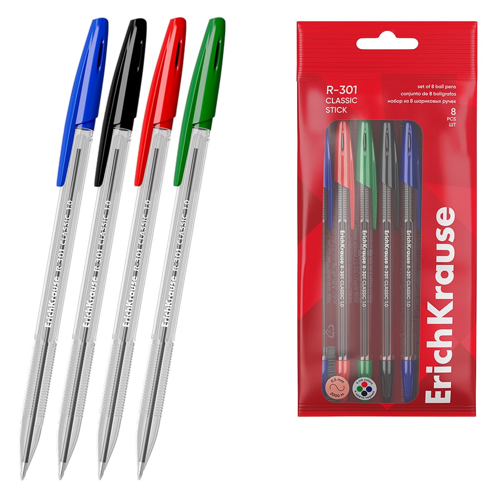Изображение товара Набор из 8 ручек шариковых ErichKrause R-301 Stick Classic 1.0, цвет чернил: синий, черный, красный, зеленый (в пакете) 60993