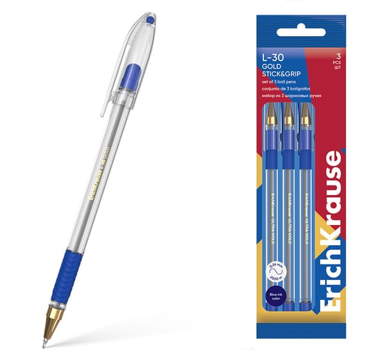 Изображение товара Набор ErichKrause из 3 ручек шариковых L-30 Золото с резиновым хватом Классика 0,5, технология суперскольжения, цвет чернил синий 61044