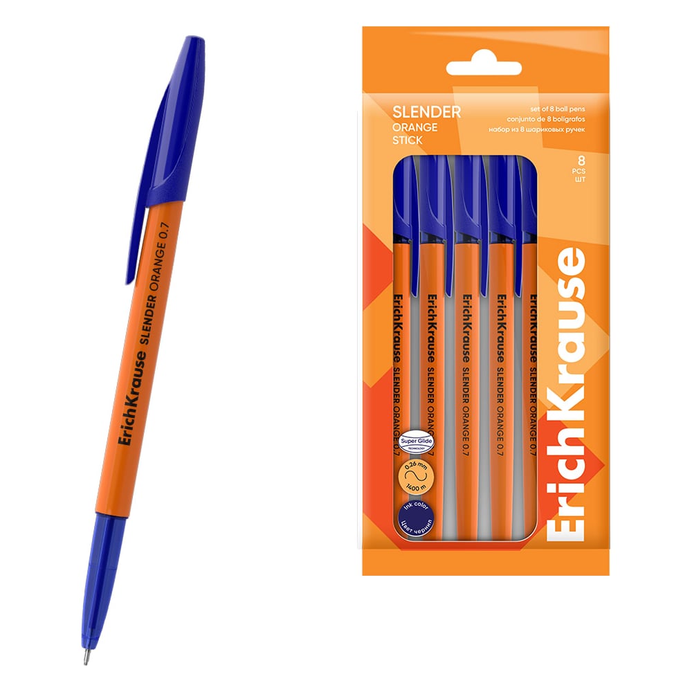 Изображение товара Набор из 8 ручек шариковых ErichKrause Slender Stick Orange 0.7, Super Glide Technology, цвет чернил синий (в пакете) 63680