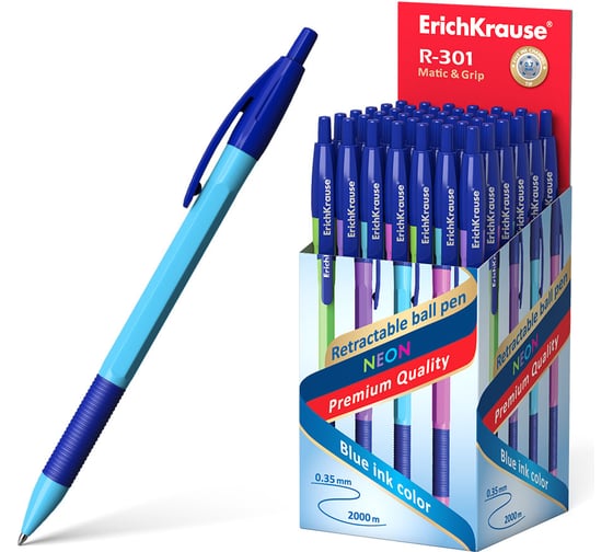 Изображение товара Ручка шариковая автоматическая ErichKrause R-301 Matic Grip Neon 1.0, цвет чернил синий (в коробке по 50 шт.) 46769