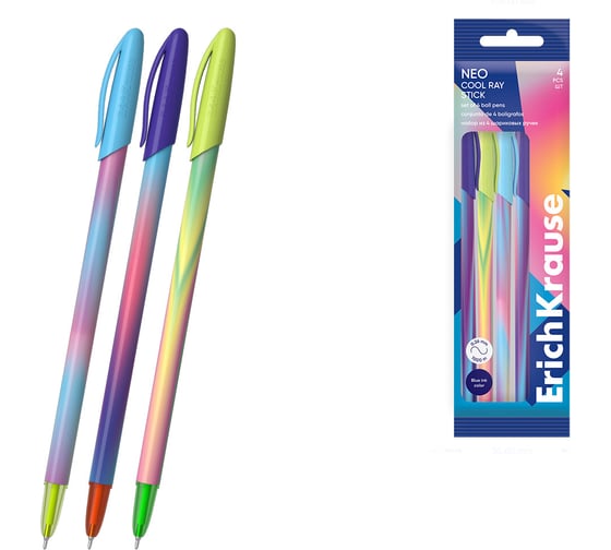 Изображение товара Набор из 4 ручек шариковых ErichKrause Neo Stick Cool Ray 0.7, Super Glide Technology, цвет чернил синий (в пакете) 61013