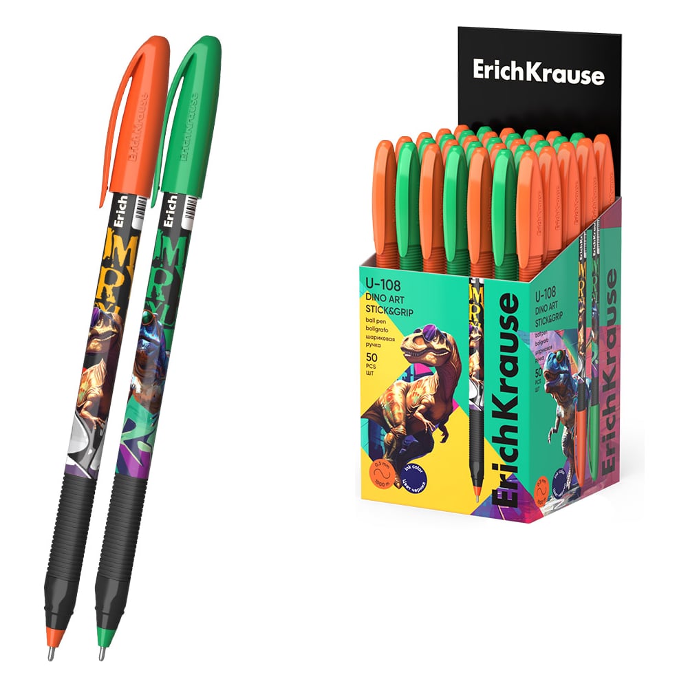 Изображение товара Ручка шариковая ErichKrause U-109 Stick Grip Dino Art 1.0, набор 50 шт, синий чернил