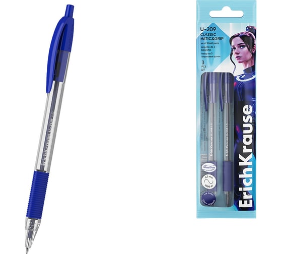 Изображение товара Набор из 3 ручек шариковых автоматических ErichKrause U-209 Matic Grip Classic 1.0, Ultra Glide Technology, цвет чернил синий (в пакете) 61079
