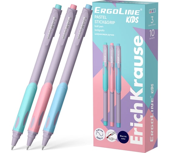 Изображение товара Ручка шариковая ErichKrause ErgoLine Kids Stick Grip Pastel 0.5, Super Glide Technology, цвет чернил синий (в коробке по 10 шт.) 62037