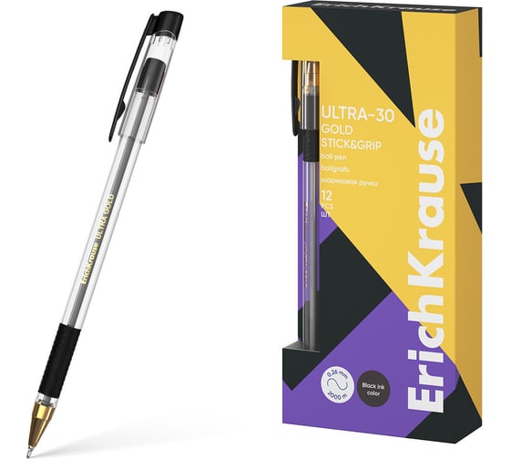Изображение товара Ручка ErichKrause шариковая Ультра-30 Золото с резиновым хватом Классика 0,7, технология суперскольжения, чернила черные 61111