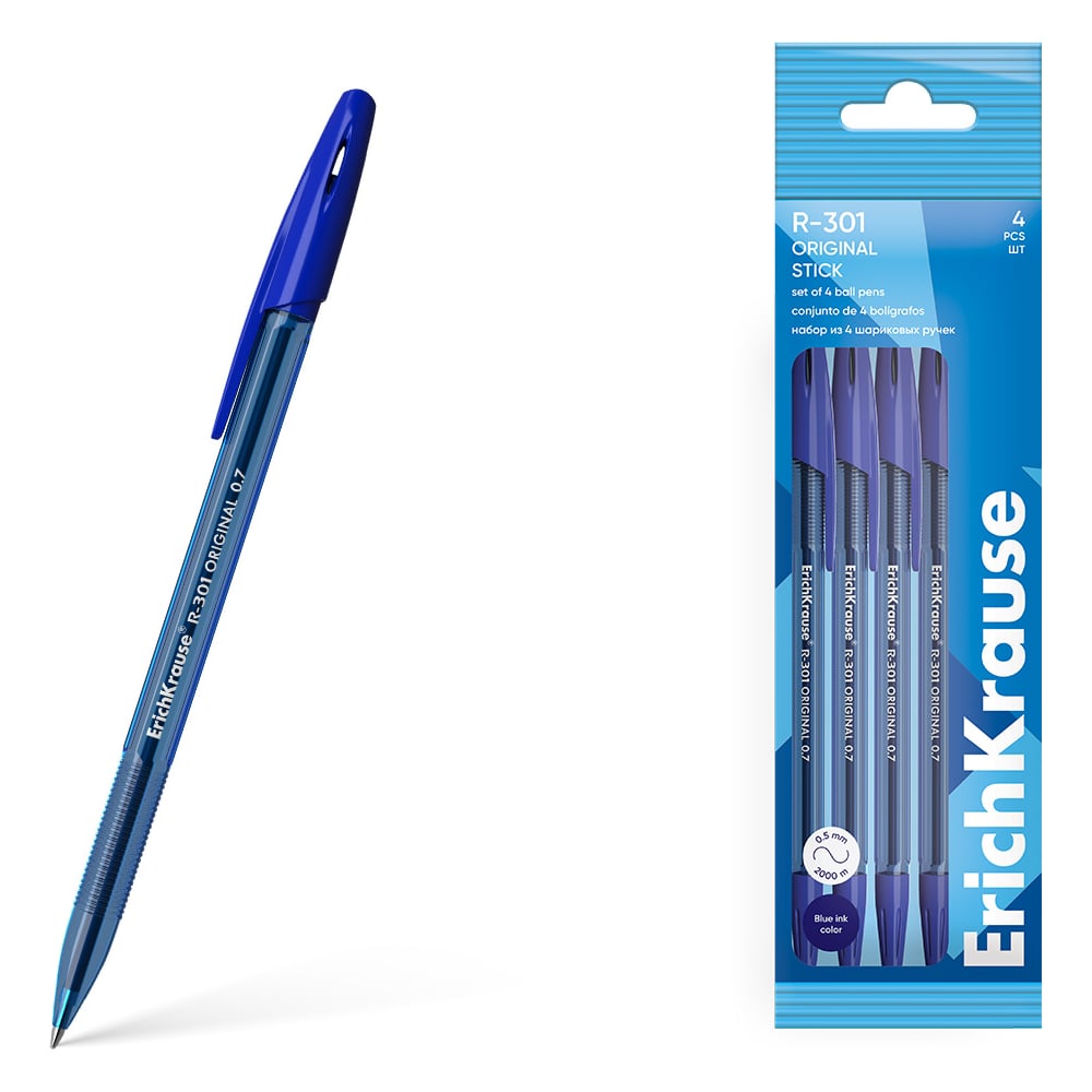 Изображение товара Набор из 4 шариковых ручек ErichKrause R-301 Stick Original 1.0 с синим чернилом