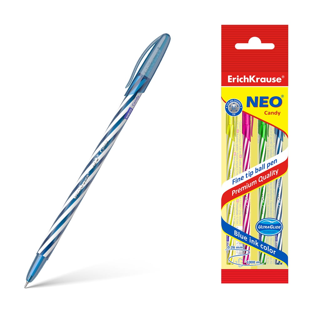 Изображение товара Набор из 4 ручек шариковых ErichKrause Neo Stick Candy 0.7, Super Glide Technology, цвет чернил синий (в пакете по 4 шт.) 47508