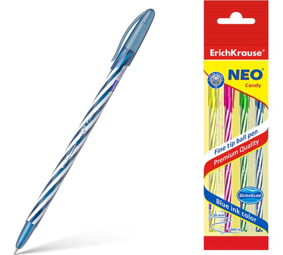 Изображение товара Набор из 4 ручек шариковых ErichKrause Neo Stick Candy 0.7, Super Glide Technology, цвет чернил синий (в пакете по 4 шт.) 47508