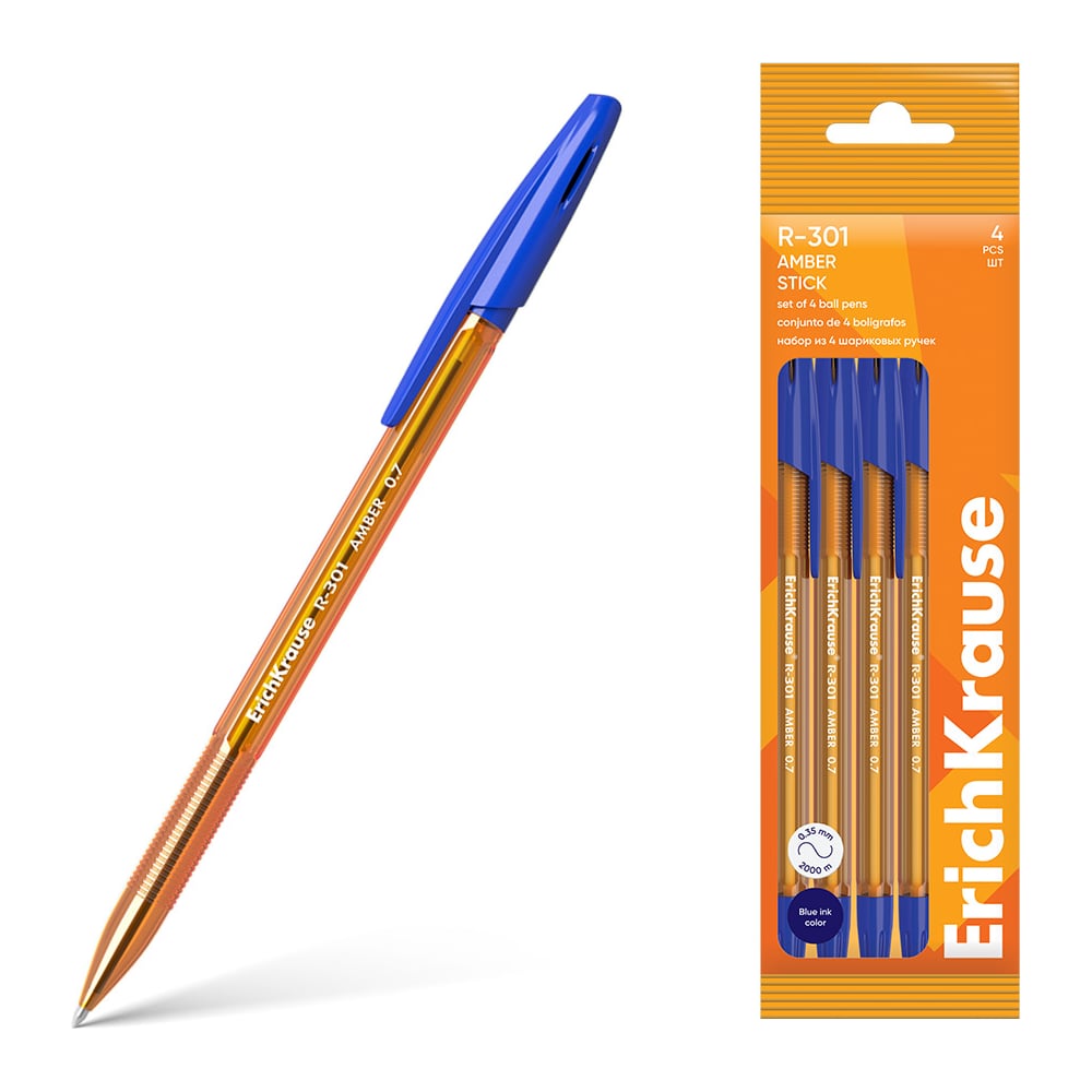 Изображение товара Набор шариковых ручек ErichKrause R-301 Stick Amber 0.7, 4 шт, синий