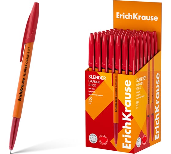 Изображение товара Ручка шариковая ErichKrause Slender Stick Orange 0.7, Super Glide Technology, цвет чернил красный (в коробке по 50 шт.) 63091