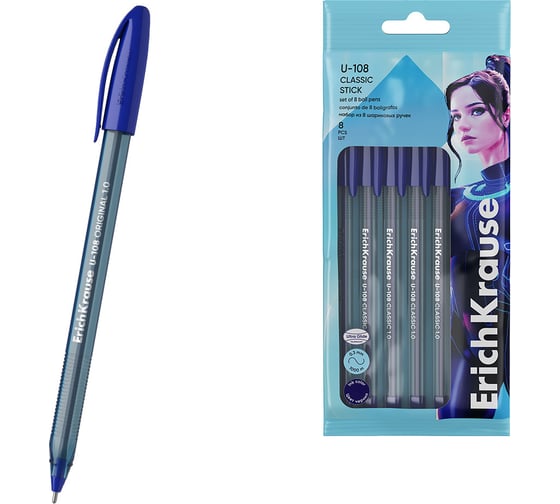 Изображение товара Набор ErichKrause из 8 ручек шариковых U-108 Классика 1,0, технология ультраскольжения, цвет чернил синий 63681