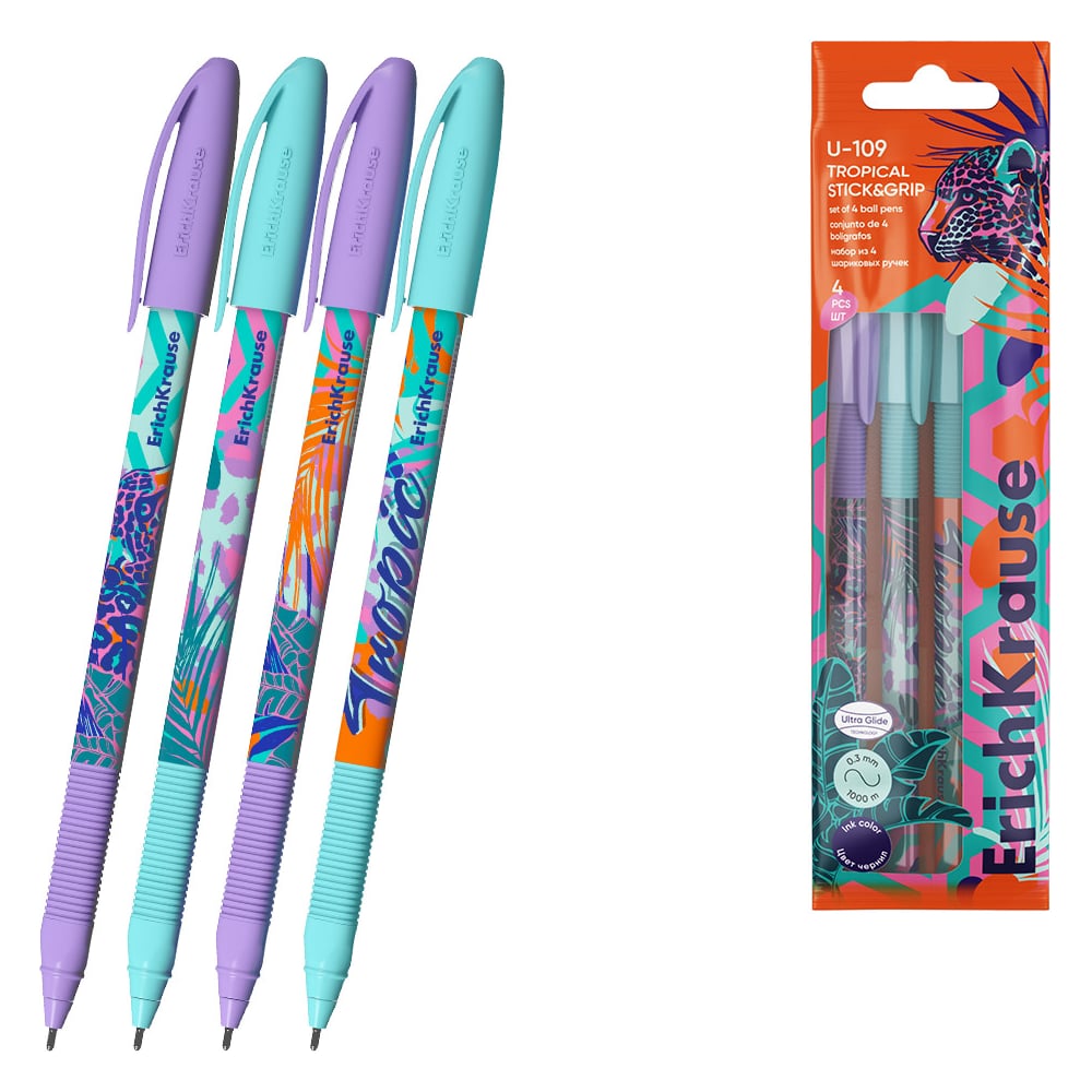 Изображение товара Набор из 4 ручек шариковых ErichKrause U-109 Stick Grip Tropical 1.0, Ultra Glide Technology, цвет чернил синий (в пакете) 61104