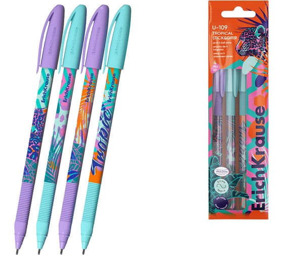 Изображение товара Набор из 4 ручек шариковых ErichKrause U-109 Stick Grip Tropical 1.0, Ultra Glide Technology, цвет чернил синий (в пакете) 61104