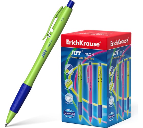 Изображение товара Ручка шариковая автоматическая ErichKrause JOY Matic Grip Neon 0.7, Super Glide Technology, цвет чернил синий (в коробке по 50 шт.) 43347