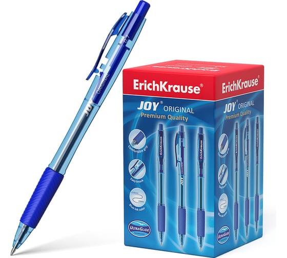 Изображение товара Ручка ErichKrause шариковая автоматическая JOY® с резиновым хватом 0,7, тонированная, технология суперскольжения, чернила синие 43346