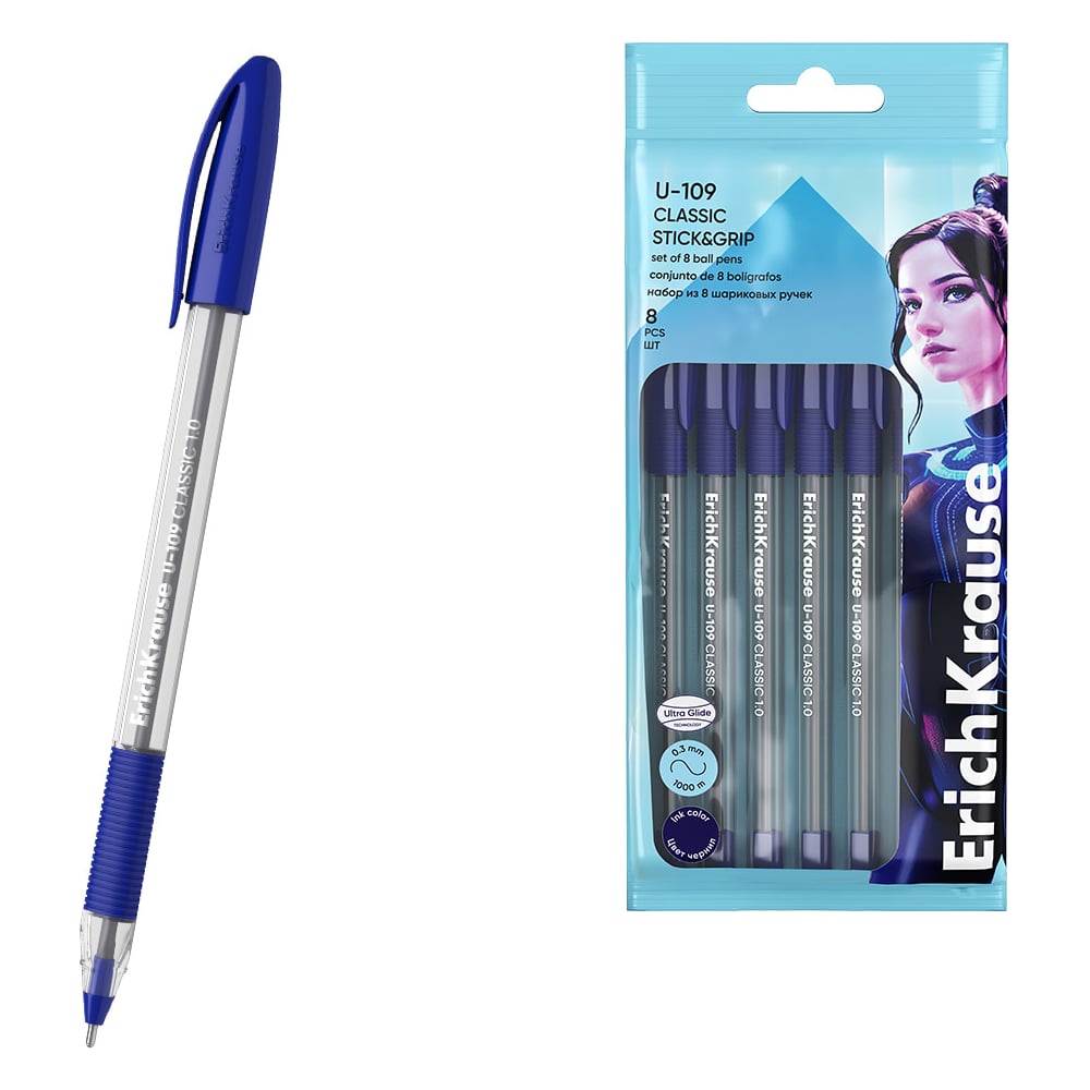 Изображение товара Набор из 8 шариковых ручек ErichKrause U-109 Stick Grip Classic с синими чернилами