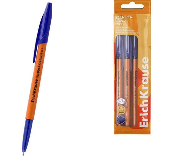 Изображение товара Набор из 4 ручек шариковых ErichKrause Slender Stick Orange 0.7, Super Glide Technology, цвет чернил синий (в пакете) 63093