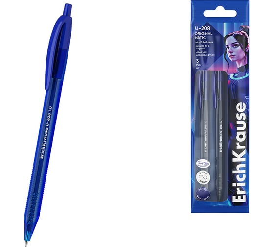 Изображение товара Набор ErichKrause из 3 ручек шариковых автоматических U-208 1,0, тонированная, технология ультраскольжения, цвет чернил синий 61075