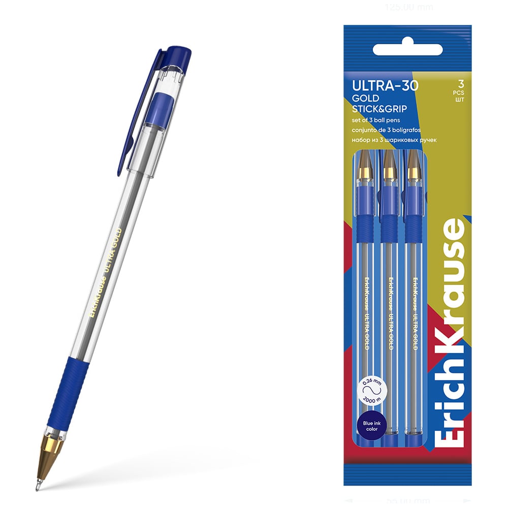 Изображение товара Набор из 3 ручек шариковых ErichKrause ULTRA-30 Gold Stick Grip Classic 0.7, Super Glide Technology, цвет чернил синий (в пакете) 61110