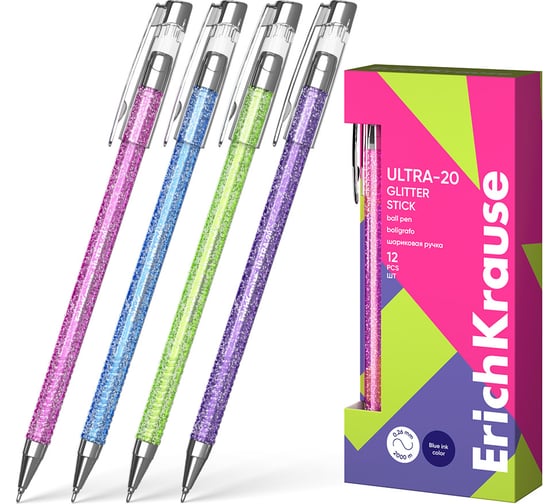Изображение товара Ручка шариковая ErichKrause ULTRA-20 Stick Glitter 0.7, Super Glide Technology, цвет чернил синий (в коробке по 12 шт.) 61032